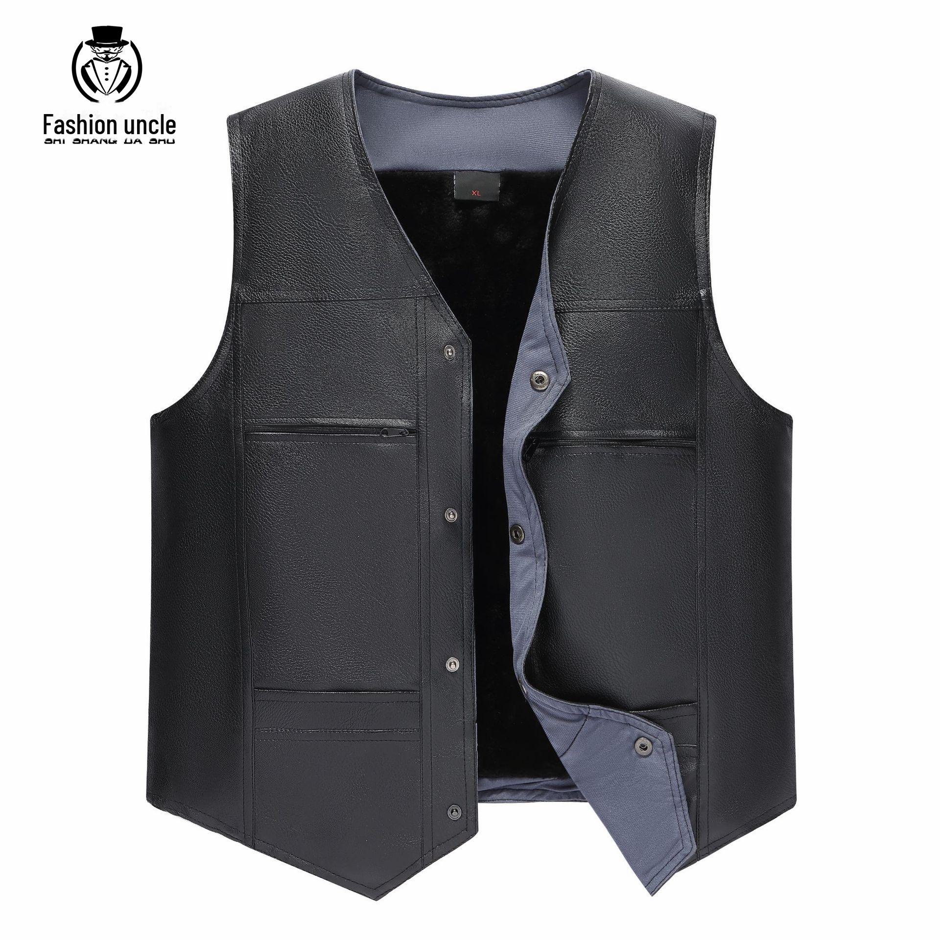 

Мужской утепленный жилет из кожи и бархата на осень/зиму - Теплый жилет для людей среднего и пожилого возраста XL (Recommended 100-130 jin) чёрный