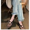 Leather Hollow Mesh Sandals Women's Summer One-word Buckle with Round Head Flat Bottom Shallow Mouth Mary Jane Single Shoes