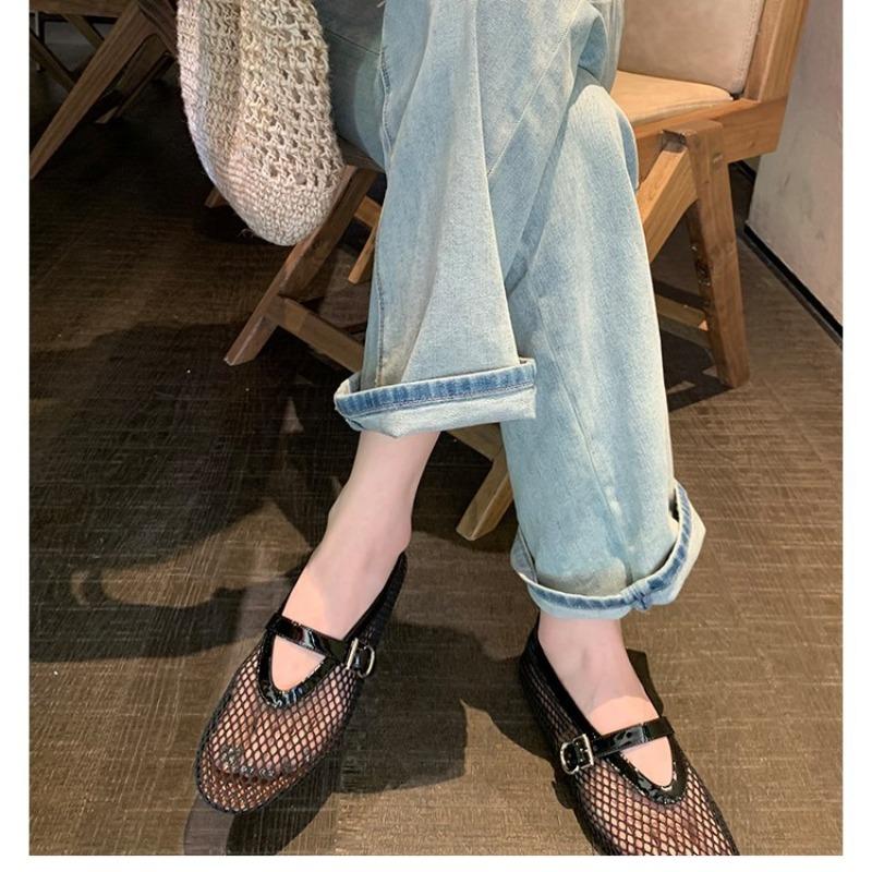 Leather Hollow Mesh Sandals Women's Summer One-word Buckle with Round Head Flat Bottom Shallow Mouth Mary Jane Single Shoes