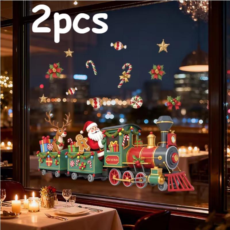 Large Removable Christmas Train Window Clings with Santa, Reindeer & Candy Cane Decorations PVC Stickers Holiday Party Decals