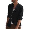 Mens Solid Color Vintage Casual Loose Long Sleeve Stand Collar Henley Shirt