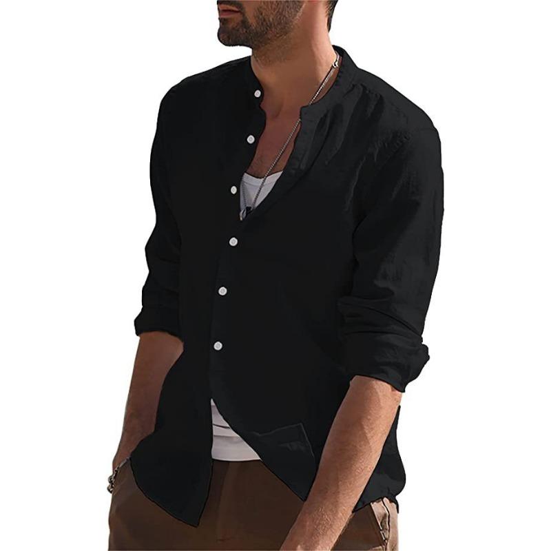 Mens Solid Color Vintage Casual Loose Long Sleeve Stand Collar Henley Shirt