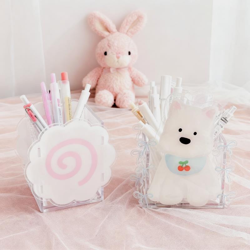 Korean Style Acrylic Pen Holder Cute Fish Cake Desktop Organizers Box Cosmetic Brush Organizer Stationery Pen Storage Boxs