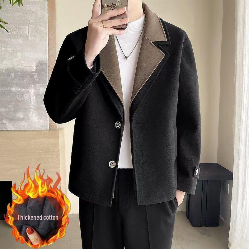 

Мужское шерстяное пальто высокого класса в уличном стиле - Утолщенный двухслойный воротник, Повседневная пэчворк-расцветка для осени/зимы M (90-110 lbs)