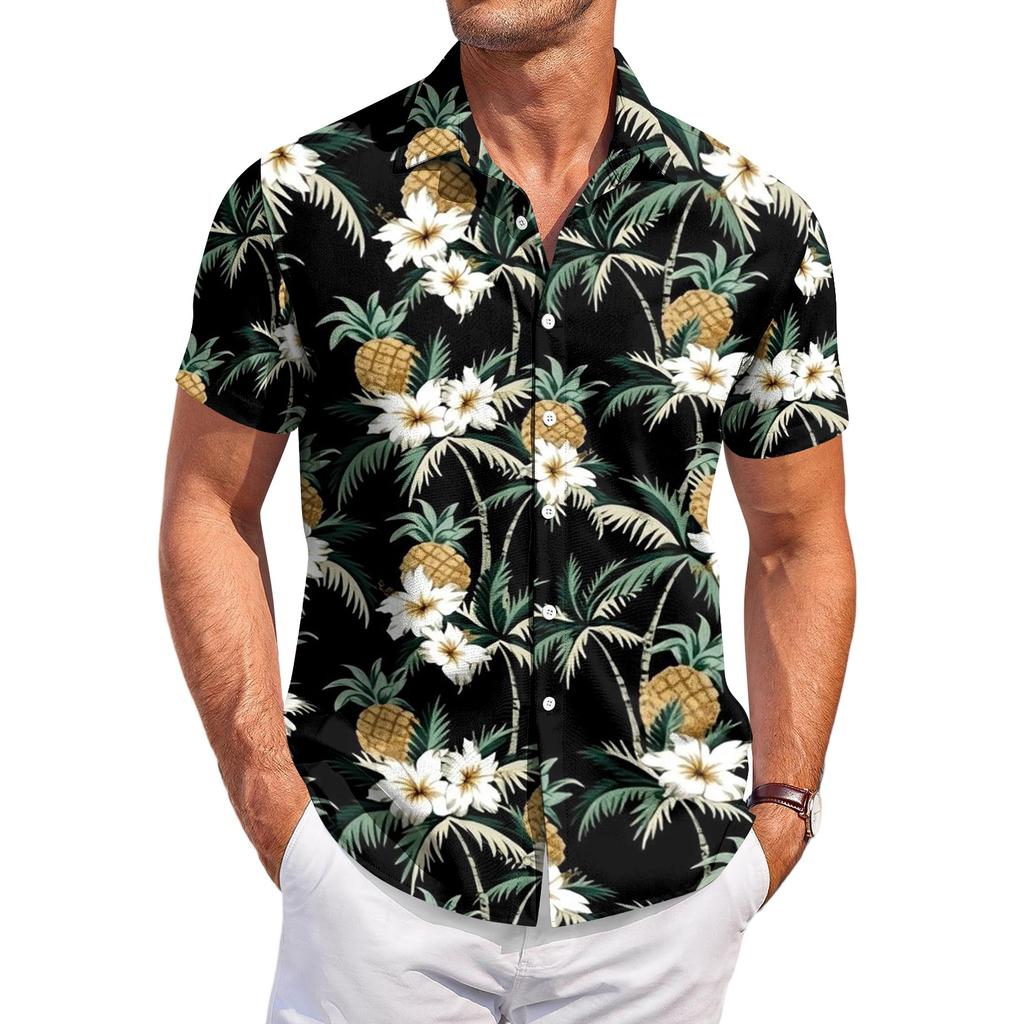 Men's Casual Short Sleeve Button Down Shirt Loose Fit Printed Tropical Palm Tree Pattern Lightweight Summer Beach Shirt