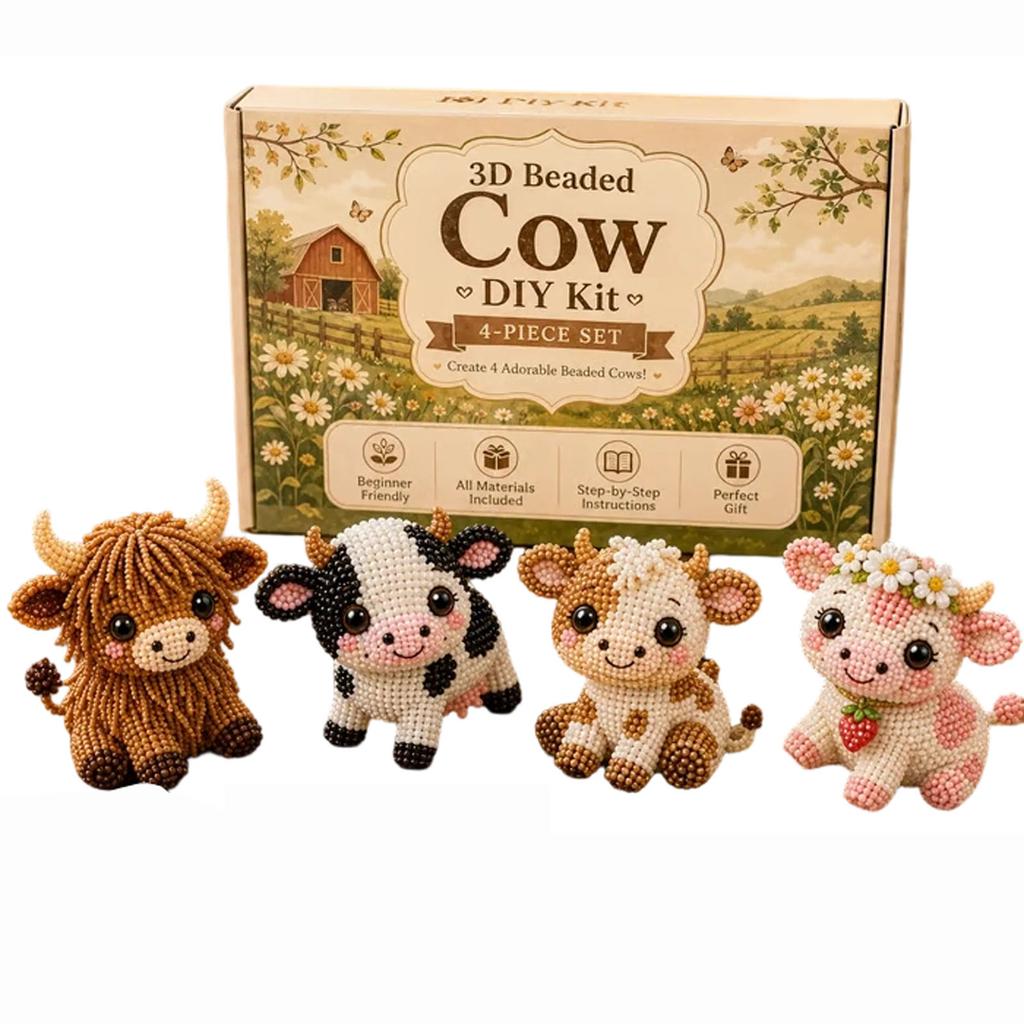 3D Beaded Cow DIY Kit Four Piece Animal Beading Craft Set Handmade Beadwork Kit for Beginners and Adults Step by Step Instructions Included