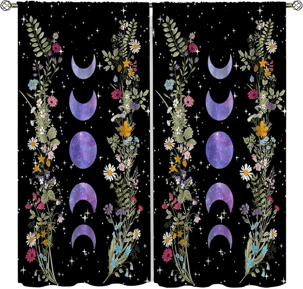 Sun Moon Curtains Bohemian Celestial Art Printed Blackout Window Drapes for Bedroom Living Room Kitchen Decor Fabric Set 2 Panel