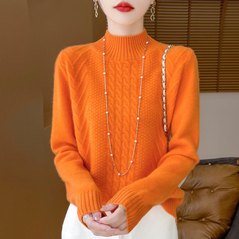 2025 Women's Wool Jacquard Pullover: Cozy Half-High Neck Sweater with Long Sleeves and Age-Reducing Design.
