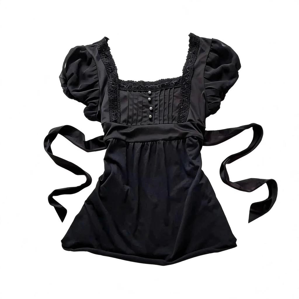 Y2K French Fashion Slimming U-neck Lace Trim Puff Sleeve Women's Top