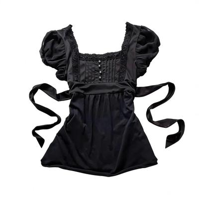 Y2K French Fashion Slimming U-neck Lace Trim Puff Sleeve Women's Top