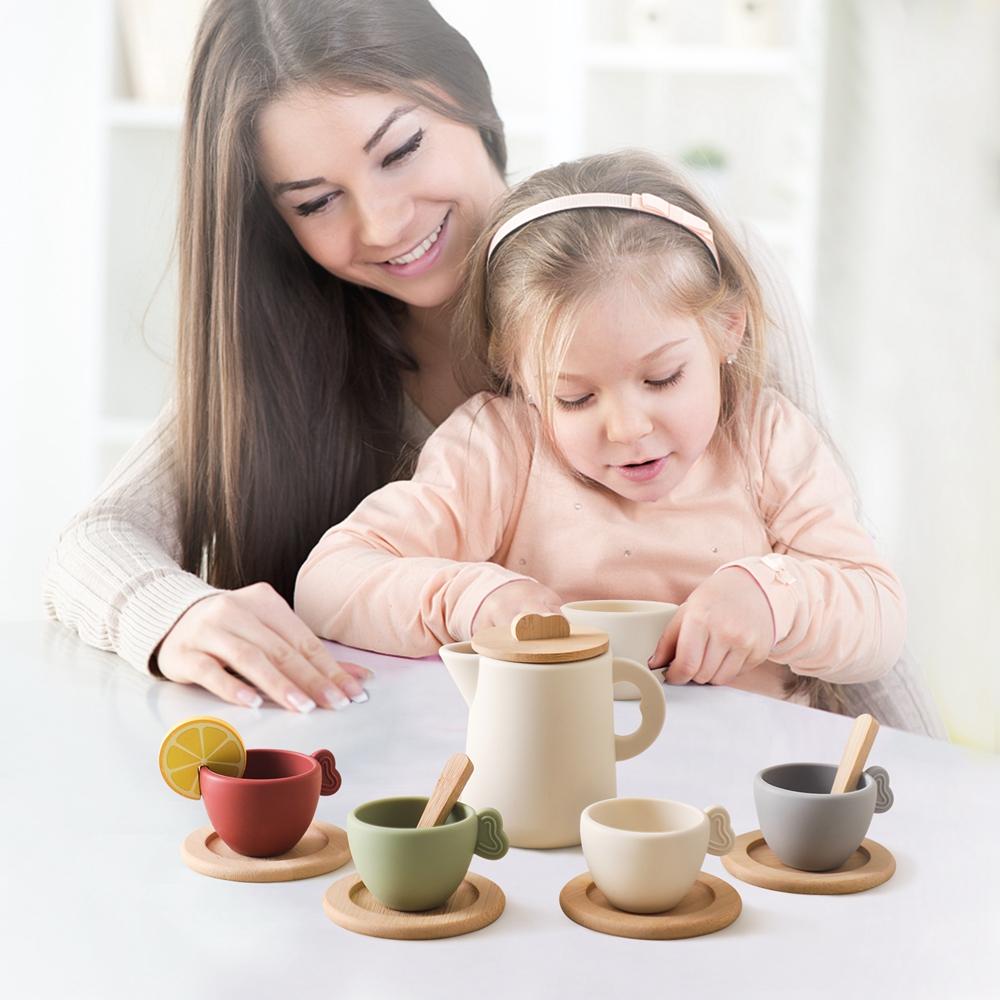 Children Tea Set Montessori Toys BPA Free Silicone Afternoon Tea Teathings Toys Kids Cosplay Play House Educational Toy Gifts