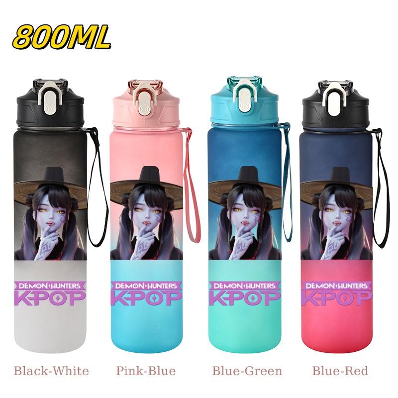 800ML KPop Demon Hunters Gradient Cartoon Print Large Capacity Straw Water Cup Outdoor Portable Sports Drink Bottles Travel Mug