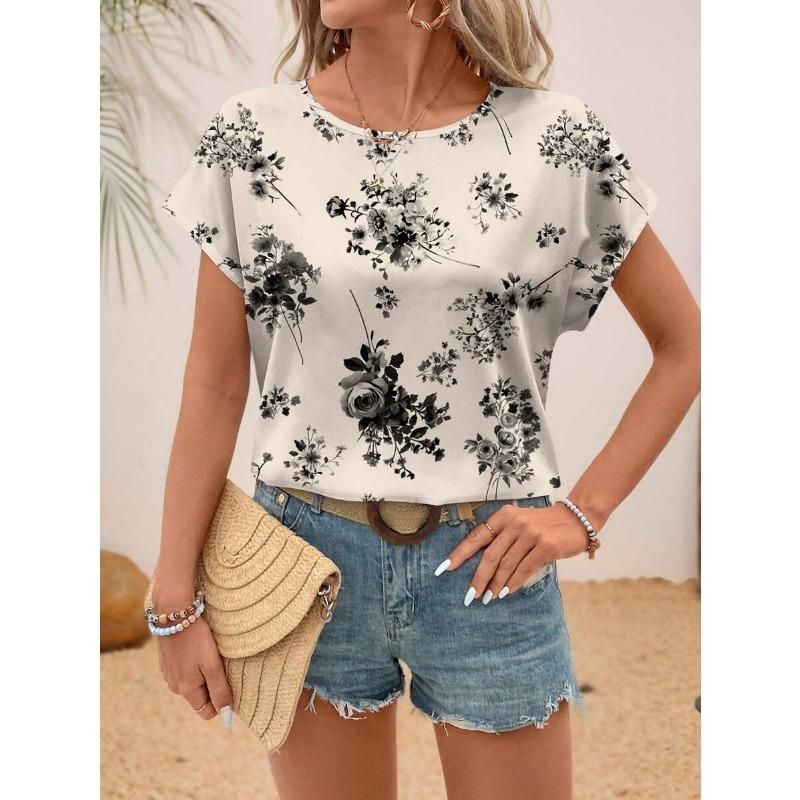 Mode Damen Rundhals T-Shirt Sommer Lässig Outdoor Kurzarm Oberteile Blumenmuster Stil Übergröße Locker Damenbekleidung