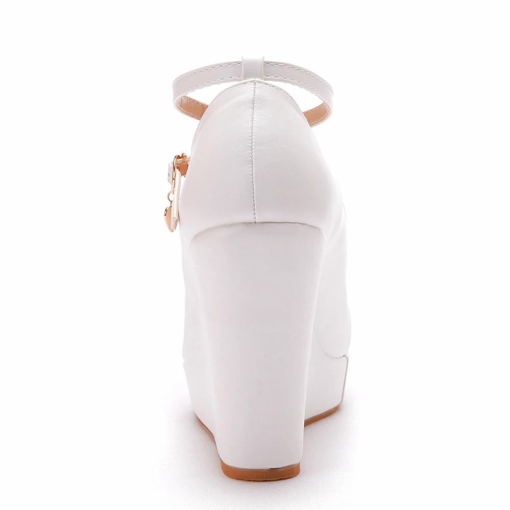Fashion Crystal Queen White Platform Wedges Pumps Women High Heels Shoes Round Toe Cross Ankle-Strap Large Sizes