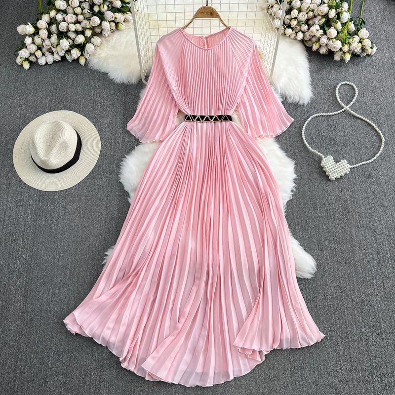 

Accessible Luxury Long Sleeves round Neck A- line Pleated Large Swing Dress Pink One size