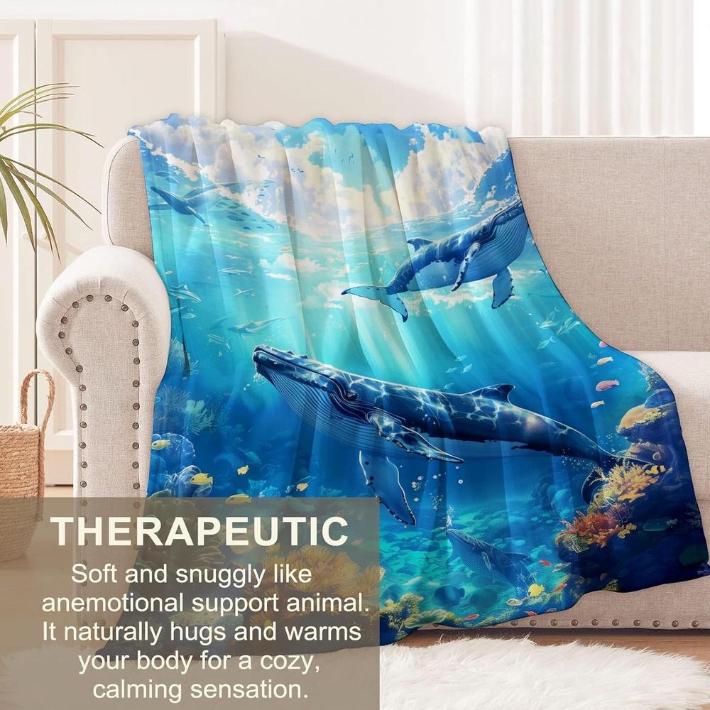 Ocean Animal Whale Shark Blanket Plush Flannel Throw with Whale & Marine Life Design, All-Season Soft Warm Beds