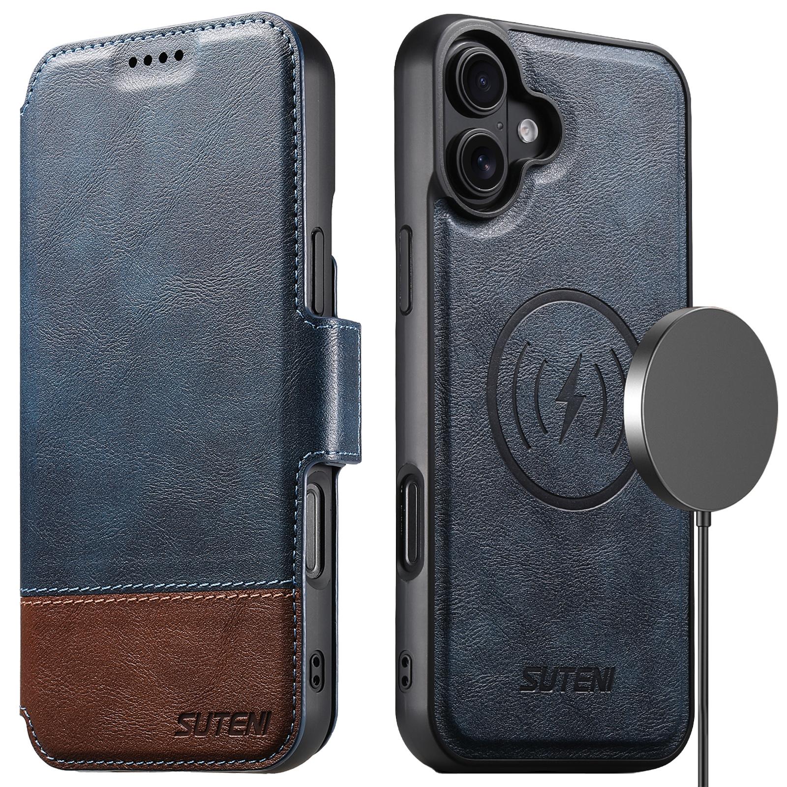 

SUTENI Q-06 For iPhone 16 Case Color Splicing Magnetic Detachable Leather Phone Cover Blue