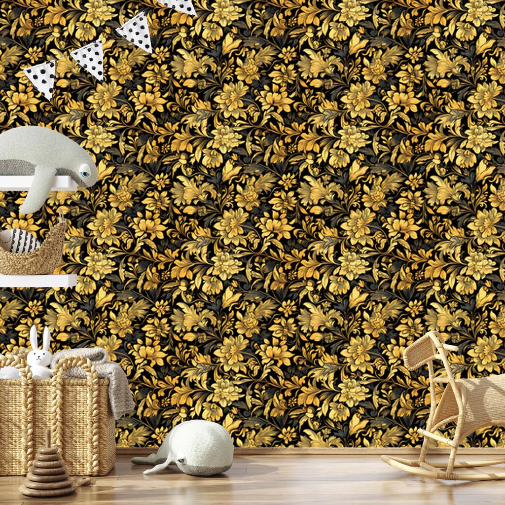 Golden Hibiscus Ochre Wallpaper, Fine Detail for Living Room and Bedroom 50x1000