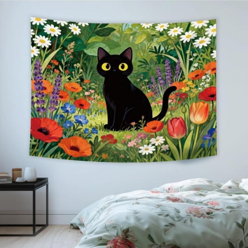 Cute Cat Tapestry Funny Black Cat Flower Floral Wildflower Lovely Plants Botanical Rustic Nature Farmhouse Garden Wall Hanging
