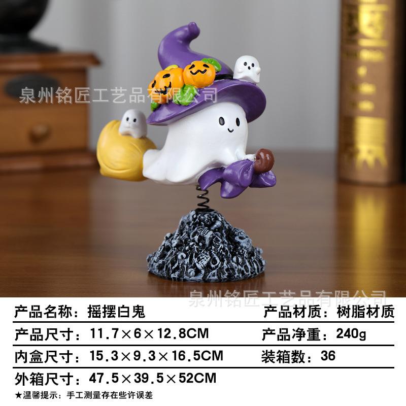 

Halloween Ghost Figurine With Purple Witch Hat Pumpkin Decor And Spring Shaking Head Resin Ornament For Party Table Decoration