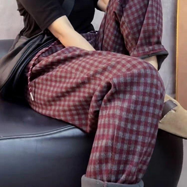 Kostkované ležérní kalhoty pro dámský nový styl podzimu a zimy plus sametové super krásné kalhoty