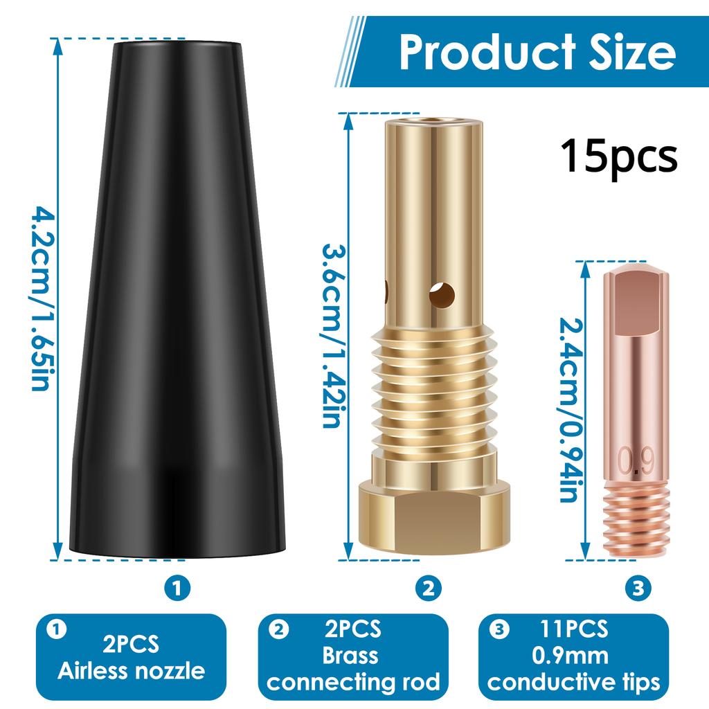 15Pcs Gasless Nozzle Tips Welding Kit 0.8/0.9mm Flux Core Gasless Nozzle Welding Tips Replacement for MIG Welder Welding Tools