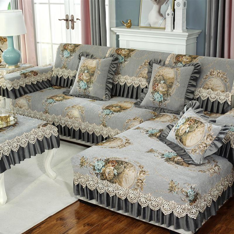 Europe Solid Color Embroidery Sofa Covers for Living Room L-shape Non-slip Floral Lace Armrest Towel Couch Cushion Slipcover