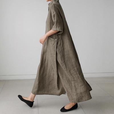 Abito da donna in cotone e lino con scollo a V in tinta unita, abito estivo semplice con tasche a maniche corte