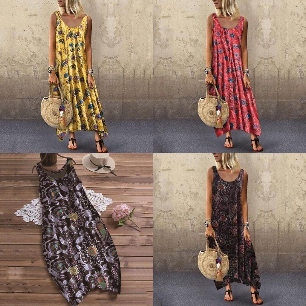 Elegant Womens Summer Sleeveless Holiday Long Boho Kaftan Tank Dress For Beach