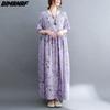 DIMANAF Plus Size Linen Summer Dress Beach Sundress  Floral Casual Purple Women Clothing
