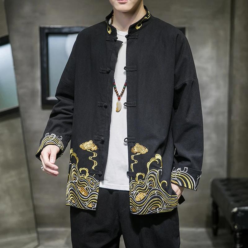 Men's Shirts Embroidered 2026 Spring Chinese Style Retro Stand Collar Jacket Cotton Linen Cardigan Men's Kungfu Loose Casual Top