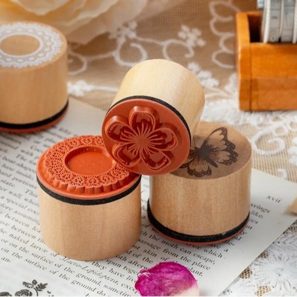 Creative Flower Themed Wooden Stamp Set DIY Craft 3 Options Wood Rubber Stamp Handmade Style Petal Lace Stamp Diary Decoration