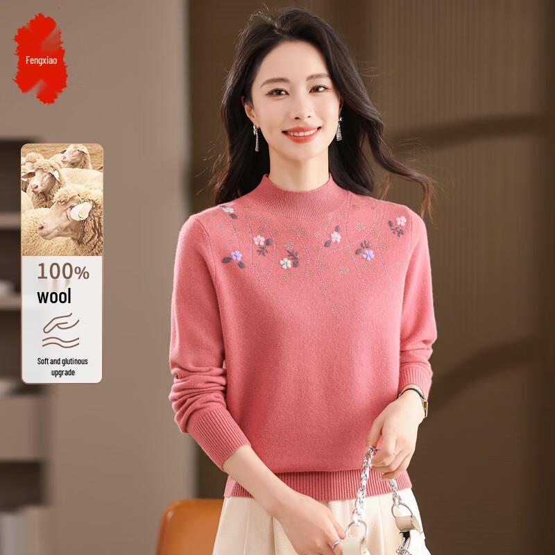 Fengxiao Women's 100% Wool Mock Neck Embroidered Sweater