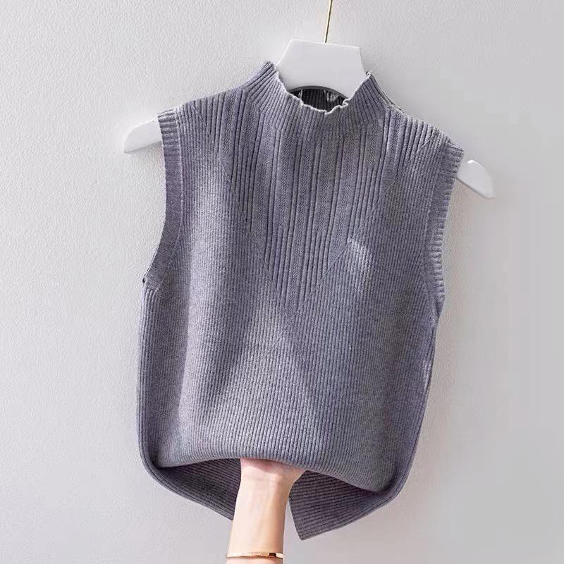 Summer Korean Solid Color Half Turtleneck Sleeveless Casual Knitted Vest For Women