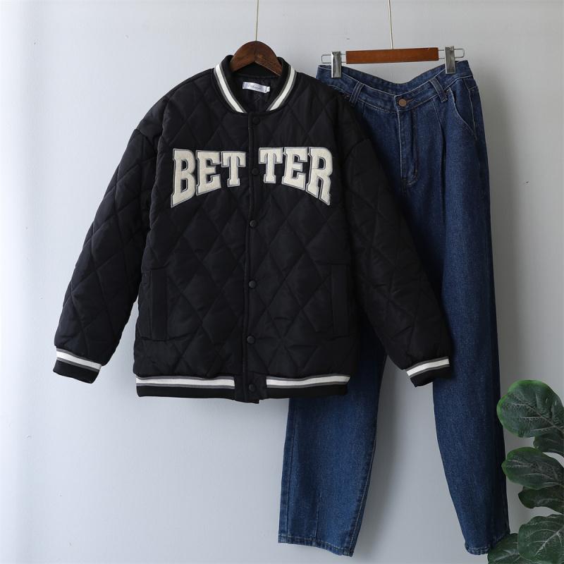 Vintage Quilted Coat Autumn Winter Jacket for Women Oversized Loose Couples Outerwear Letter Warm Argyle Jackets