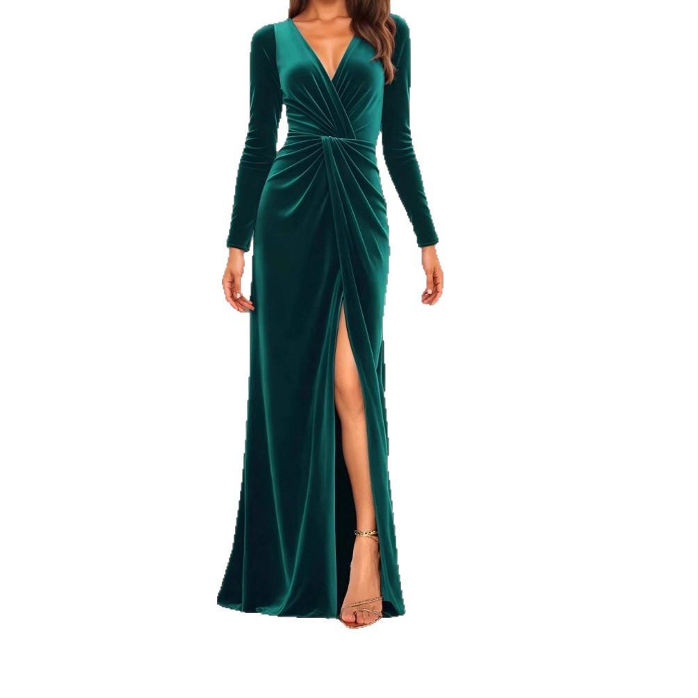 2026 Women's Velvet V-Neck Pleated Bodycon Dress - Elegant Autumn/Winter Slim Fit with Slit