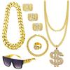 Jardme 80s 90s Hip Hop Jewelry Set for Men Costume Kit Old School Rapper Golden Rope Chain Bracelet Dollar Sign Chain Jewelry