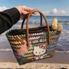 Cartoon KT Cat Rattan Beach Bag: Women's Summer Handheld Woven Basket for Seaside Holiday Commute