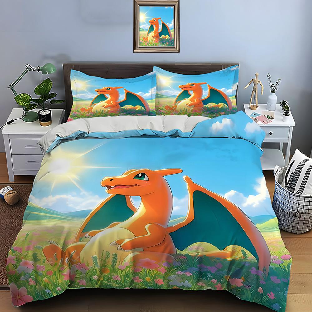 10 Sizes Pokémon Charizard Print Bedding Set 3 Pieces Setting Bed King Size Pillowcase Adult Bed Cover Bedroom Bed Set for Gifts