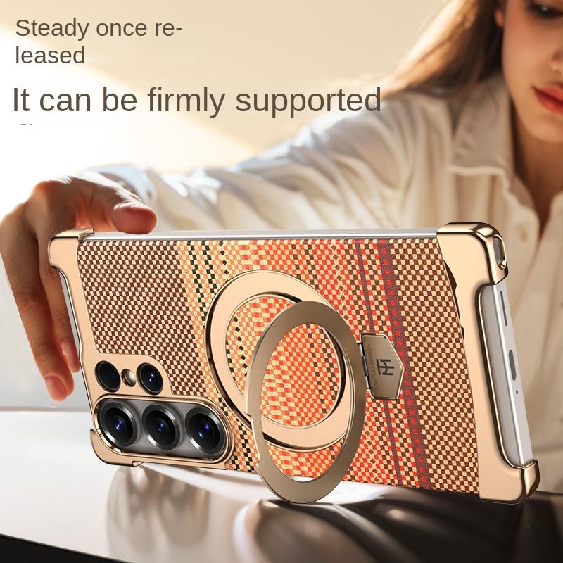 For Samsung Galaxy S25 Ultra S24 Ultra Carbon Fiber Texture Frameless Magnetic Stand Anti-Fingerprint Phone Case