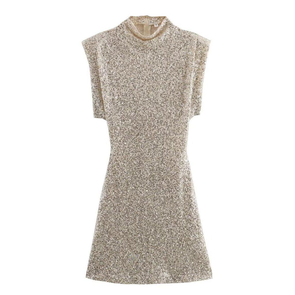 European Style 2026 Women's Sequined Evening Gown - Elegant, Padded Shoulders, Slim Fit, Sexy Beaded Design.