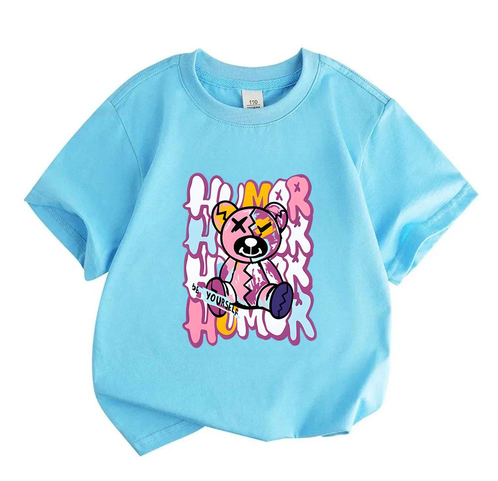 Kids Boys Girls 100% Cotton Crew Neck Short Sleeve T-Shirt, Funny Broken Bear Print 'Be Yourself' Humor Graphic Casual Soft Summer Tee for Children Da
