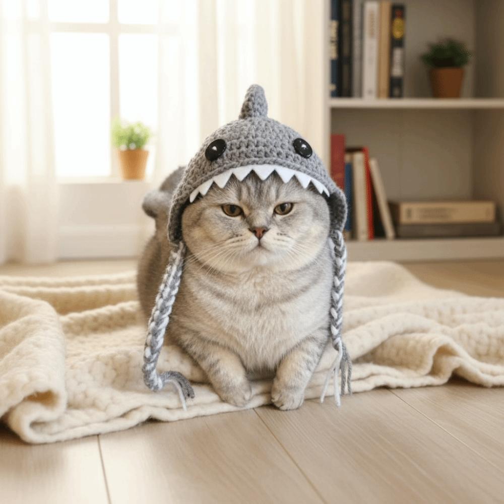 Cartoon Cat Shark Headgear Braid Design Cat Warm Hat Pet Costume Cat Headdress  Party