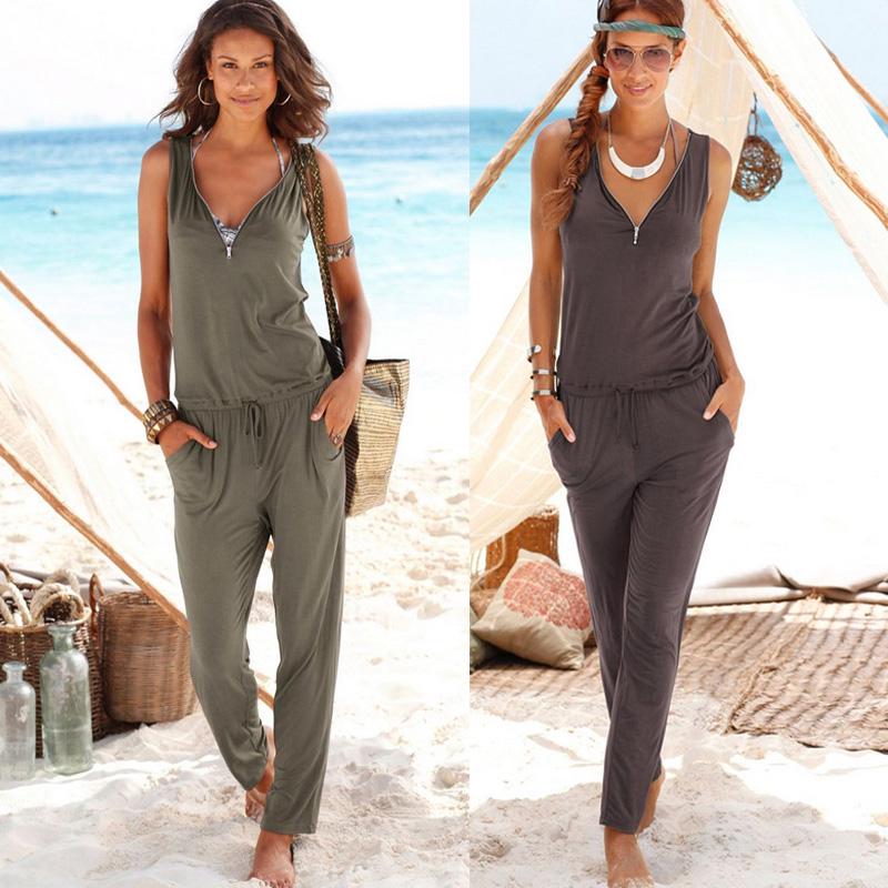 

Женский комбинезон на молнии без рукавов чистого цвета, повседневный комбинезон на молнии с V-образным вырезом