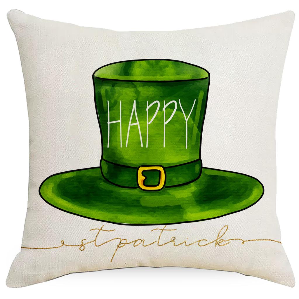 St. Patrick's Day Line Printed Pillow Cover Green Four-leaf Crock Sofa Bedside Car Pillow Cushion Cover