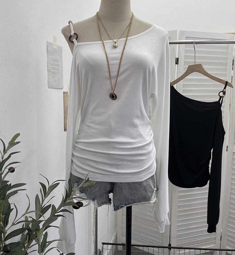 American Spicy Girl Off-Shoulder Beaded Lantern Sleeve Stretch T-Shirt Women s 2816 One Size белый