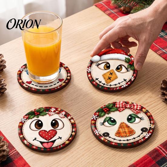 Rustic Wooden Coasters 4Pcs Christmas Snowman Coasters, Cute Face Drink Cup Natural Wood Mats, Heat Resistant UV Printed Tabletop Holiday Decorations
