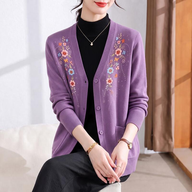 Hengyuanxiang Women's Floral V-Neck Embroidered Knit Cardigan