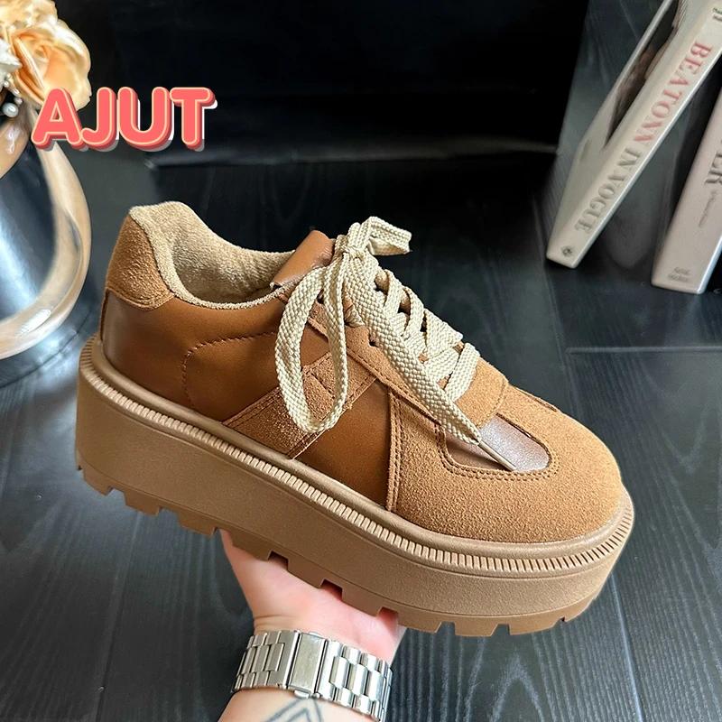 Móda 2024 Podzim Nové Boty na silné podrážce Jednoduché Dámské Kulatá špička Leopardí potisk Barevné sladění Šněrovací Vycházkové boty s nízkým svrškem