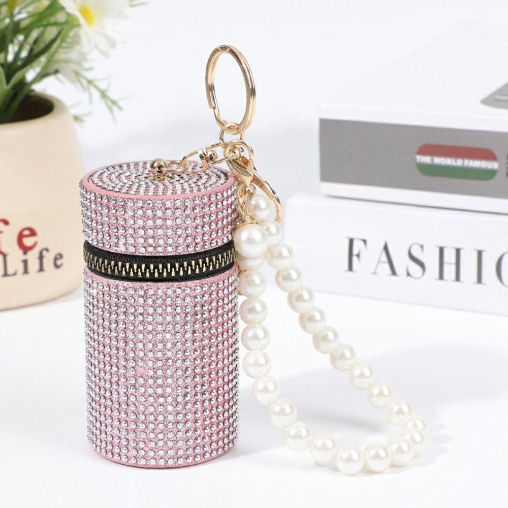 Simple Rhinestone Lipstick Bag Zipper with Keychain Coin Purse Mini Cylindrical Coin Bag